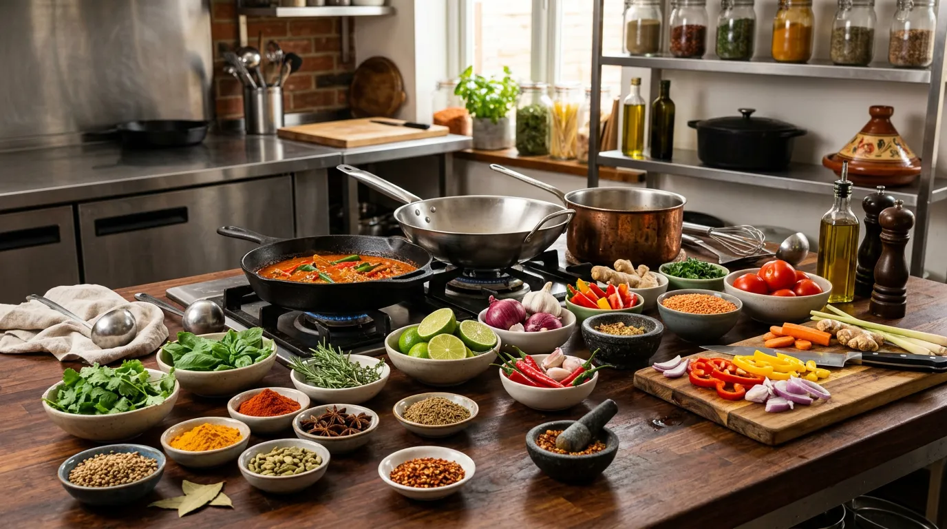 Vibrant international cuisine preparation scene with various ingredients, spices, and cooking equipment on a clean kitchen counter