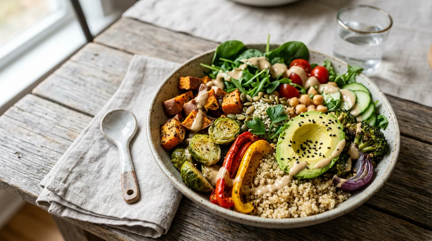 Colorful vegan bowl with quinoa, roasted vegetables, avocado, and tahini dressing