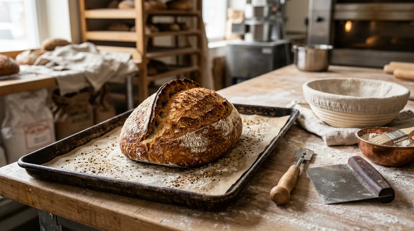 Freshly baked artisanal bread with golden crust on baking sheet, flour dusting, and baker's tools nearby